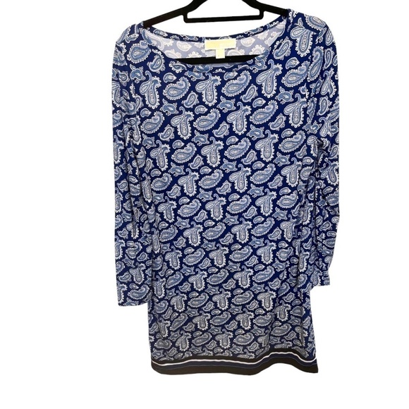 Michael Kors Blue Long Sleeve Paisley Shift Dress Size Large - Picture 1 of 5
